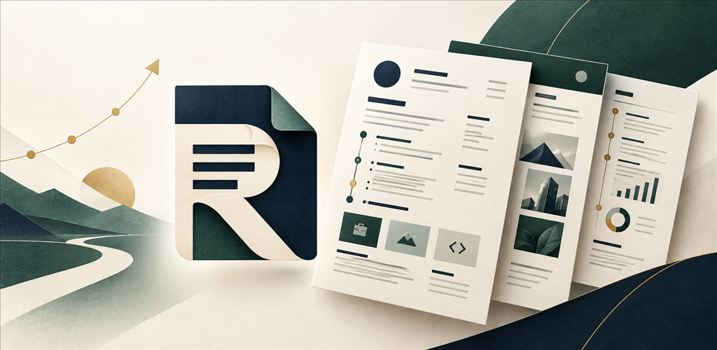 Resumo document mark beside layered professional resume designs